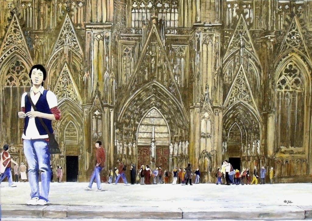 KNABE MIT BLAUER WESTE (Deutschland, ein Wintermärchen) von Martin Eller, Werkverzeichnis Nr. 1882 Tusche und Tempera auf Leinwand 70 x 100 cm (ausgestellt)